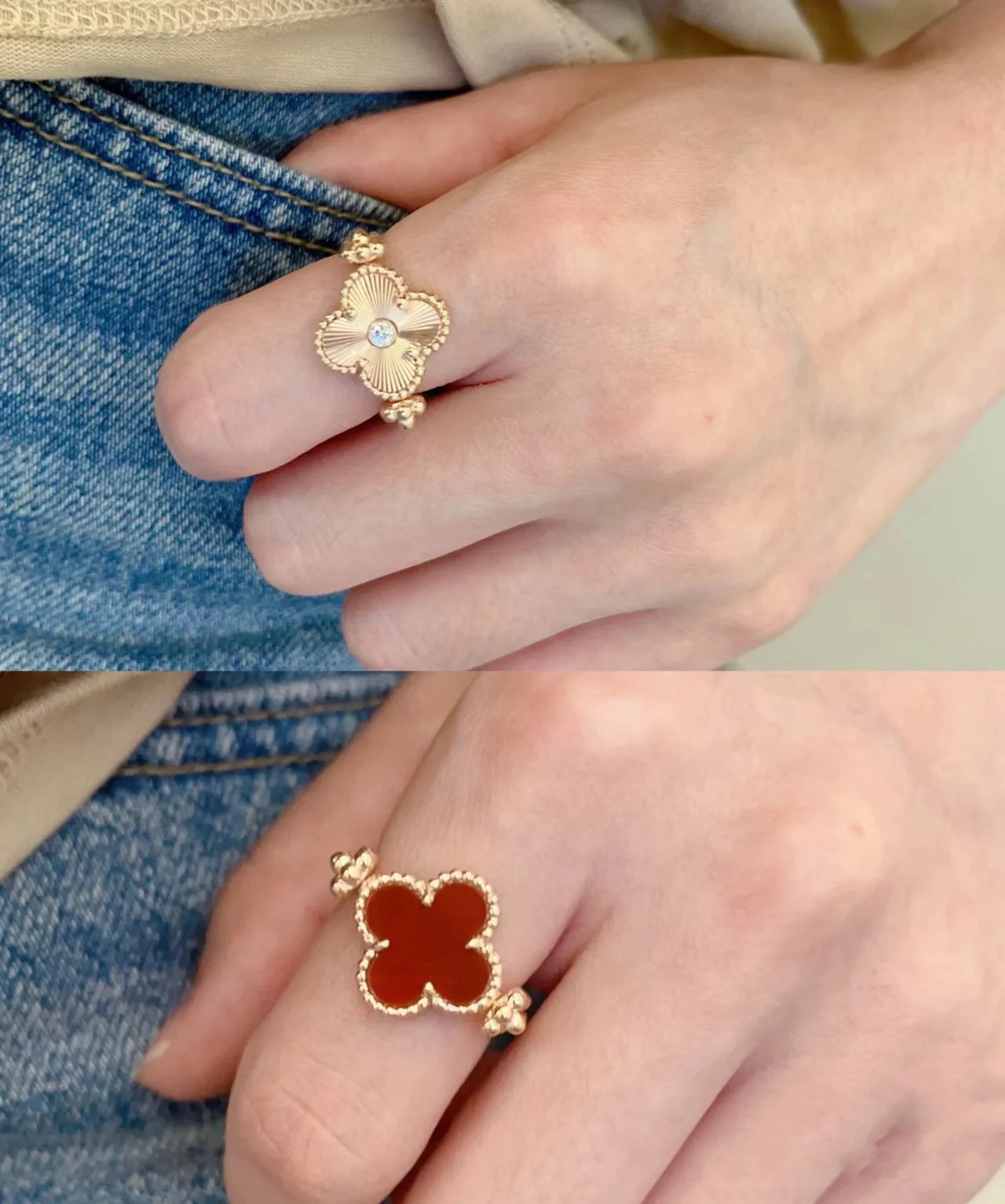 Van Cleef 레이저 + 레드 마노 양면 링