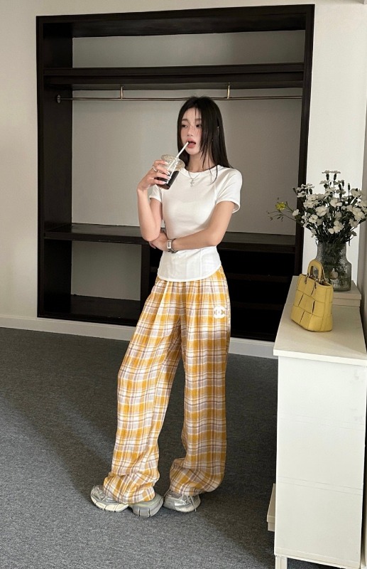 샤넬 26 옐로우 체크 밴딩 팬츠