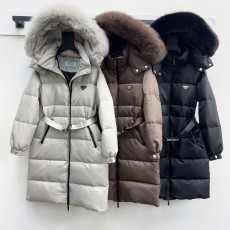 프라다 후드 롱 패딩 화이트 구스다운 너구리퍼