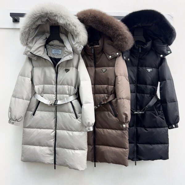 프라다 후드 롱 패딩 화이트 구스다운 너구리퍼
